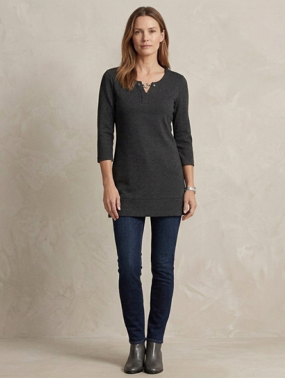 Michael Kors Dark Gray Jersey Tunic Top 3/4 Sleeve Toggle Closure